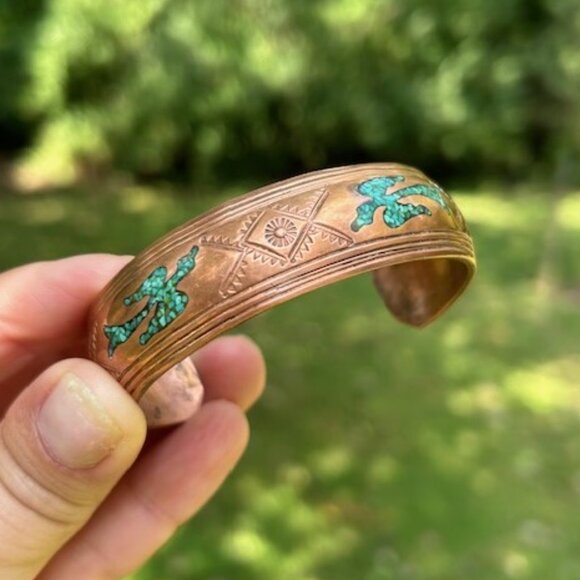 NAKAI Navajo Copper Inlaid Turquoise Bird Cuff Bracelet - Picture 1 of 9